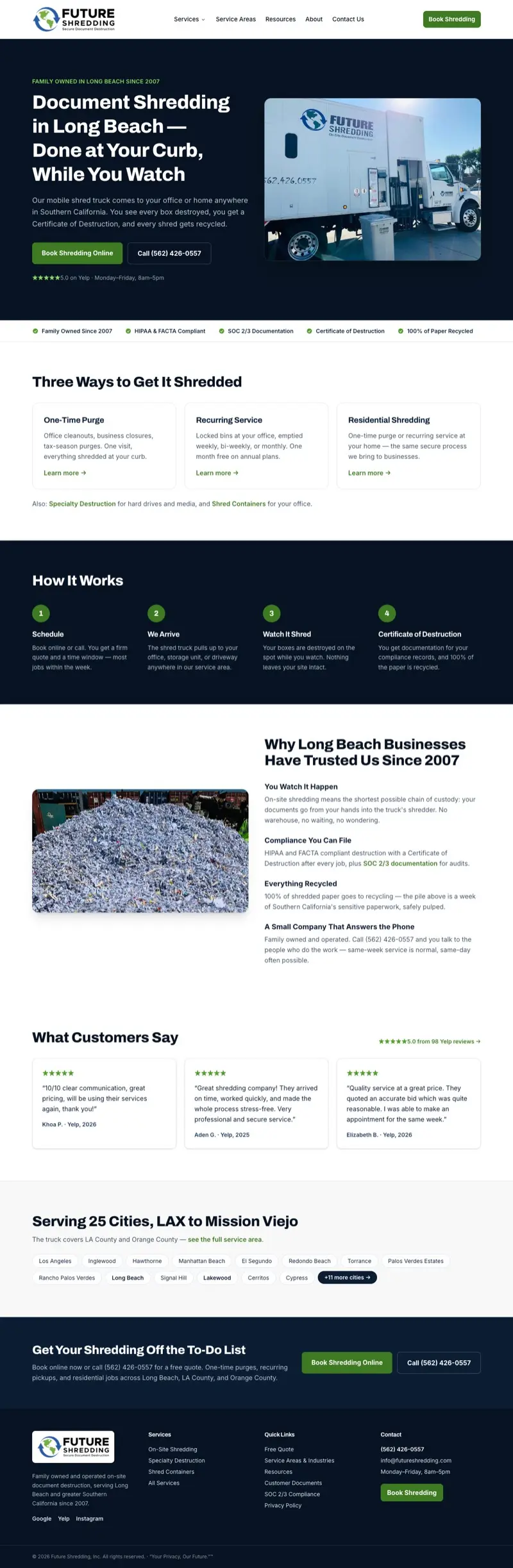 Full-page view of the Future Shredding website